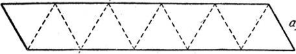 Рис. 1. Тригексафлексагон Складывают из полоски бумаги, предварительно размеченной на 10 равносторонних треугольников (а). Полоску перегибают по линии ab и переворачивают (б). Перегнув полоску еще раз по линии cd, расположим ее концы так, чтобы предпоследний треугольник оказался наложенным на первый (в). Последний треугольник нужно подогнуть вниз и приклеить к оборотной стороне первого треугольника (г). Как сгибать трифлексагоп, показано на рис. 3. Развертку трифлексагона нужно перечертить и вырезать из полоски достаточно плотной бумаги шириной около 3-4 см